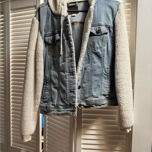 Maurices Blue Denim Jacket with White Sherpa Sleeves
